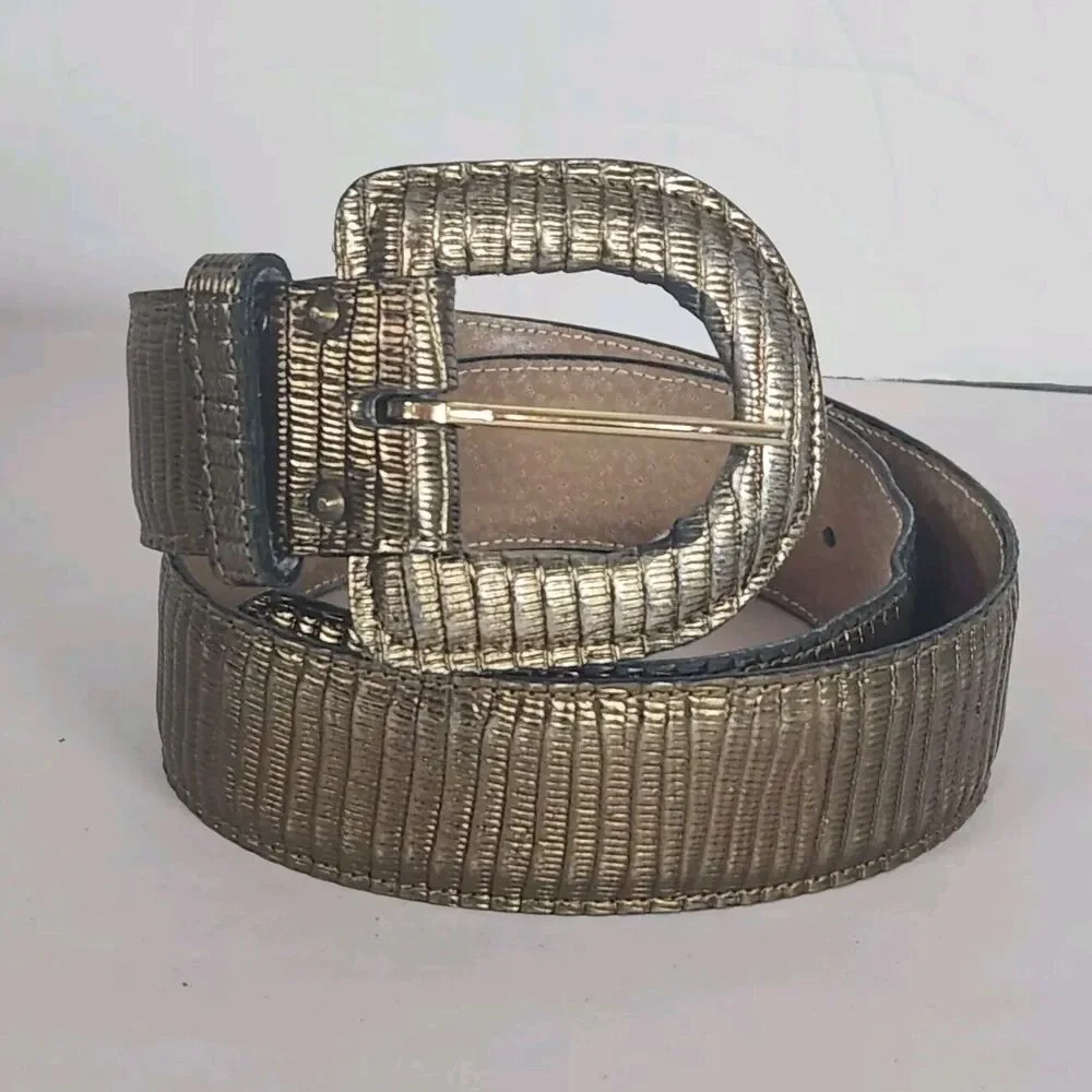 Vintage Calderon Women's Wide‎ Leather Belt Gold metallic textured 80s dressy S